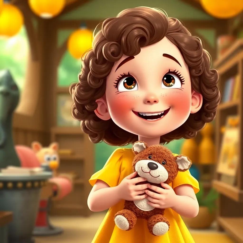 A young girl, Lily, with curly brown hair in a yellow dress, looking delighted while holding a stuffed animal from the zoo gift shop, digital art, cozy and vibrant, high quality