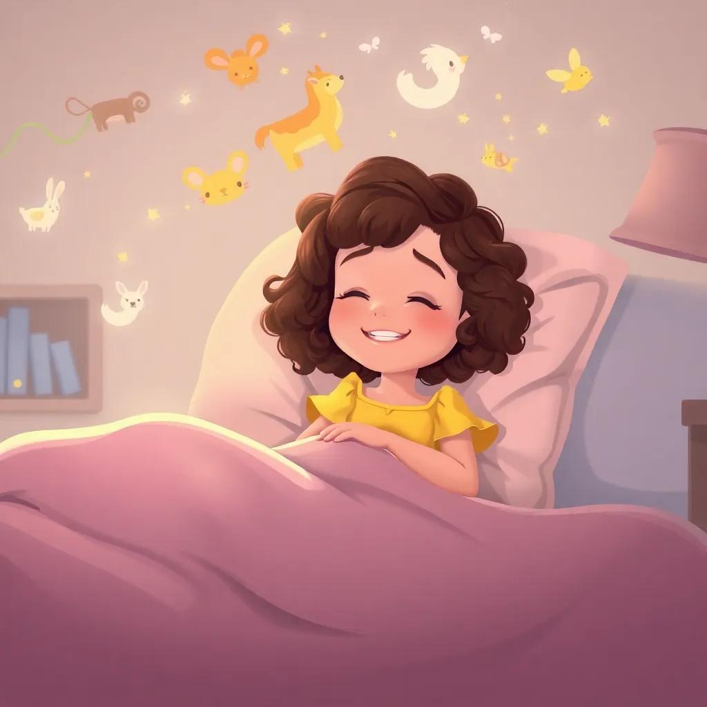 Lily, a young girl with curly brown hair in a yellow dress, dreaming of animals with a big smile as she sleeps in her bed at home, digital art, comforting scene, gentle colors, high quality