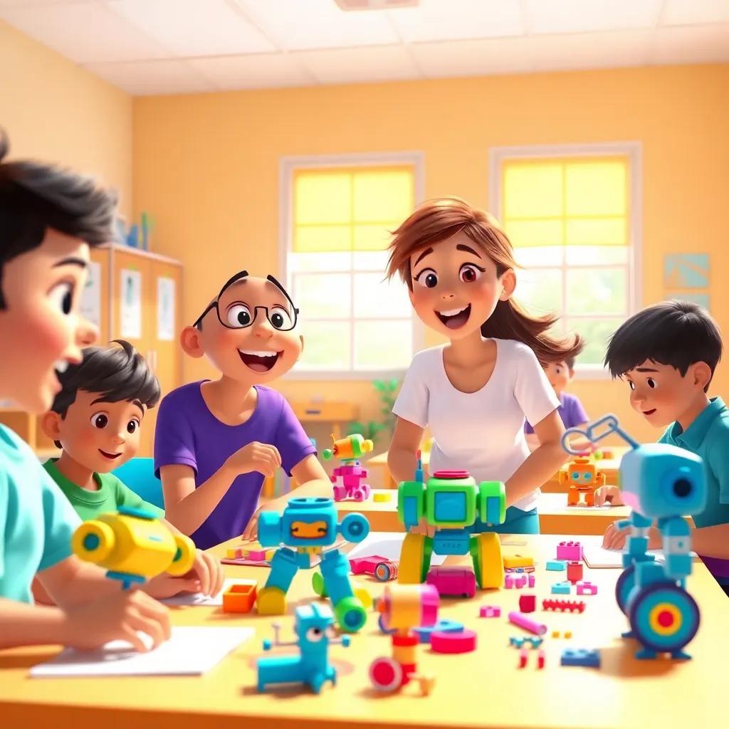 A sunny day in a vibrant classroom with students working on colorful robot pieces. Ana Clara is shouting excitedly while students like André, Antônio, and Arthu are focused on building. Digital art, bright colors, lively atmosphere, high quality.