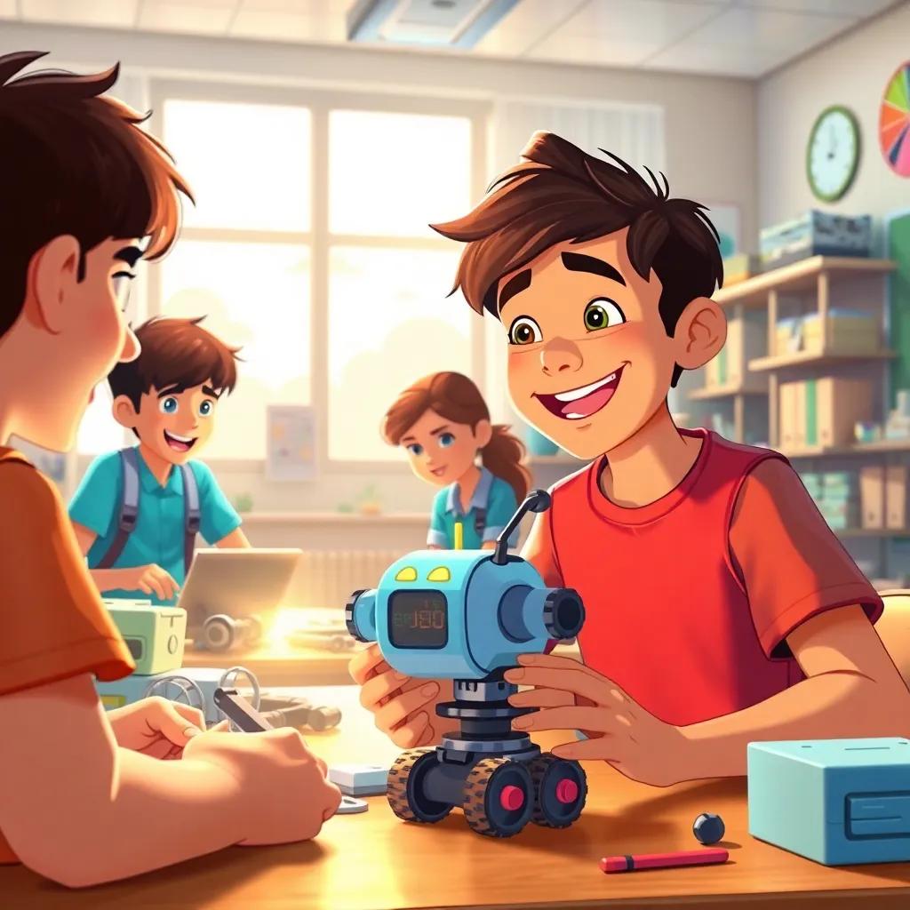 Inside the lively classroom, Eduarda and Eliaz are assembling parts while Isabela sets up lights. João's joyful expression as he finishes a robot that plays music. Soft light, cheerful vibe, dynamic scene, detailed illustration.