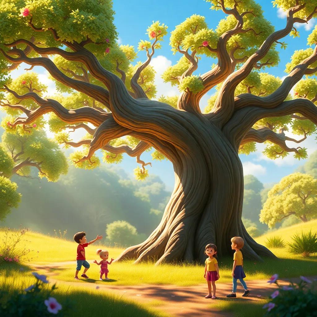 A magical tree named Lira with a thick trunk and dancing branches in a bright clearing, surrounded by three children, digital art, vibrant colors, warm sunlight, inviting atmosphere, high quality