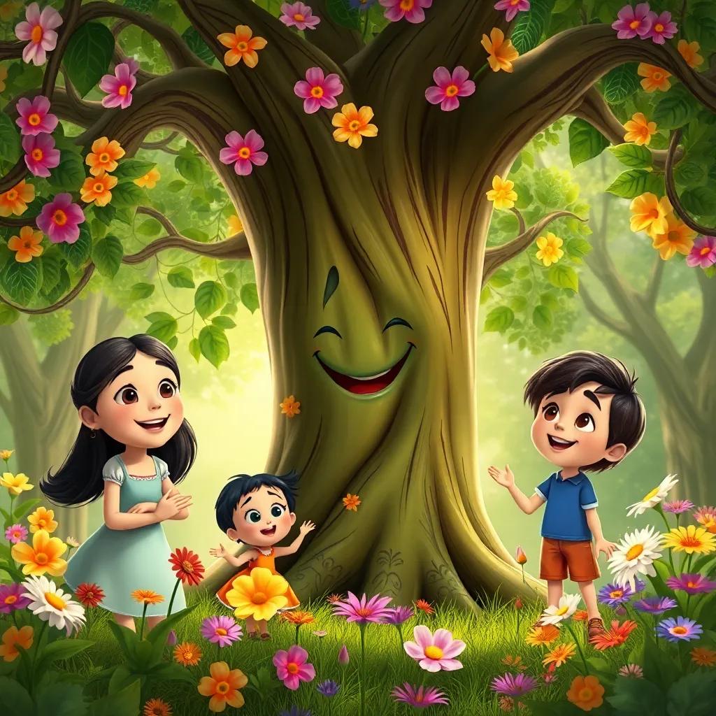 Lira, the magical tree, smiling and talking to the children Ana, Tomás, and Lúcia, with colorful flowers around, joyful expressions, enchanting scenery, detailed illustration, lush greenery, playful