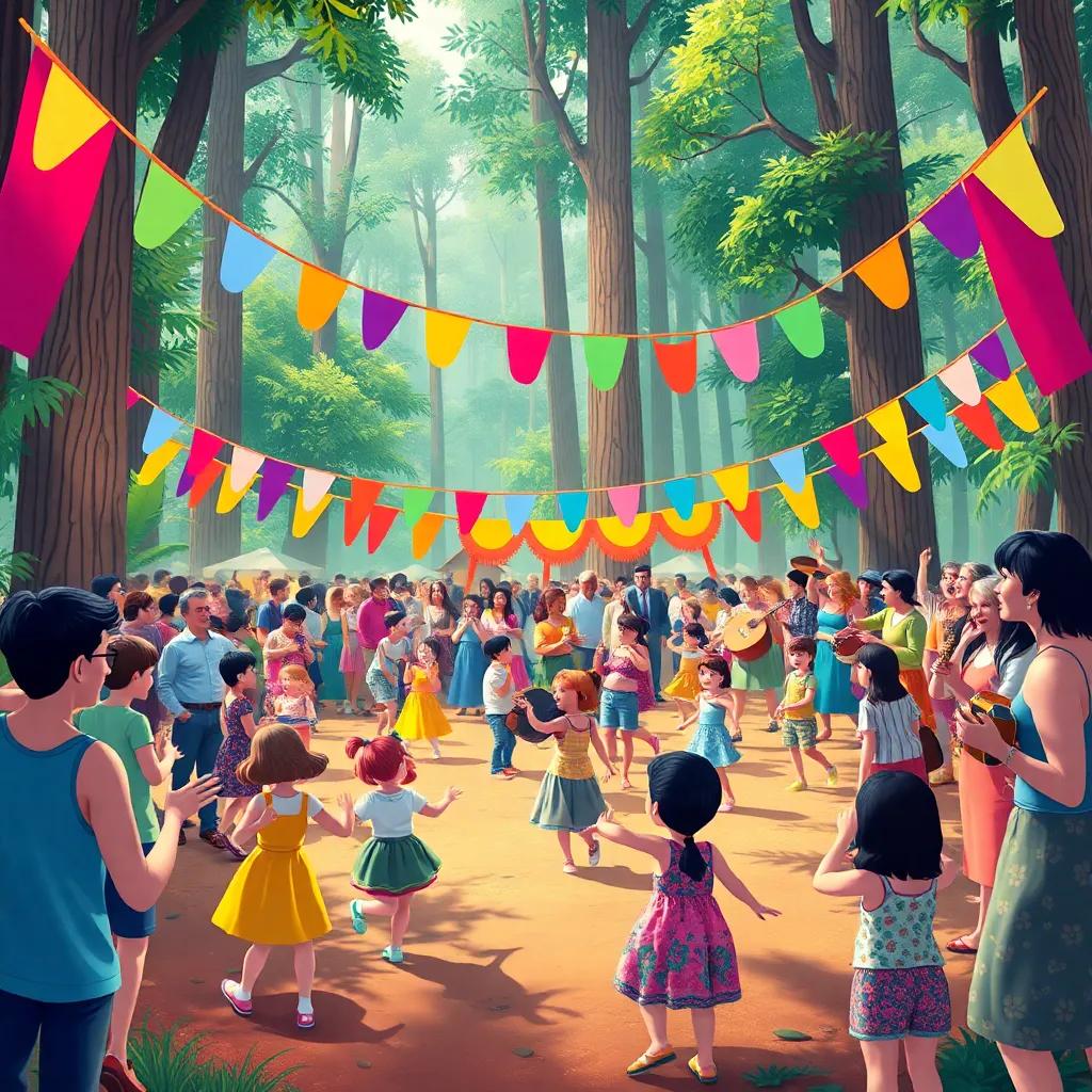 A vibrant festival in the forest, with children and adults dancing, colorful banners, and music instruments, everyone celebrating nature, cheerful atmosphere, high quality artwork, forest background