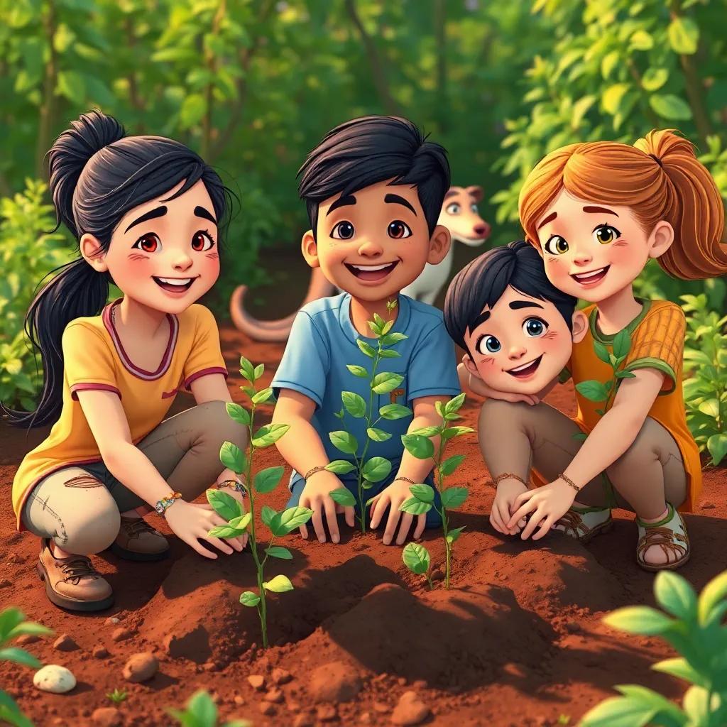 Ana, Tomás, and Lúcia planting new trees together, smiling and covered in dirt, with Lira in the background, surrounded by greenery, illustration, warm colors, happy and vibrant
