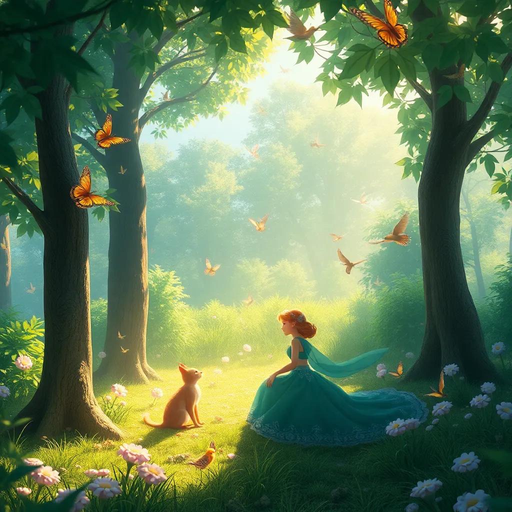 Lira surrounded by newly grown trees, birds singing, and butterflies flying, sunshine filtering through the leaves, a peaceful and magical setting, detailed digital art, uplifting mood, high quality