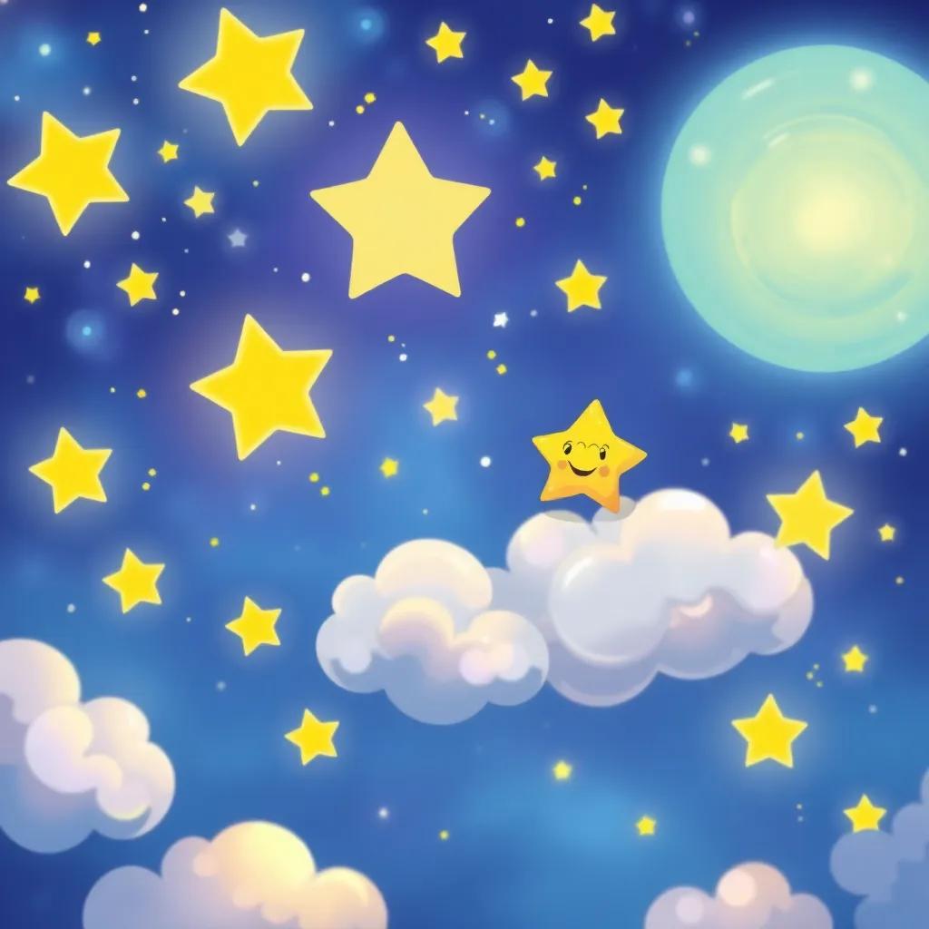 A magical night sky filled with bright, shining stars, with a small, cheerful star named Luna playing with fluffy clouds, colorful and vibrant, digital art, joyful atmosphere, high quality