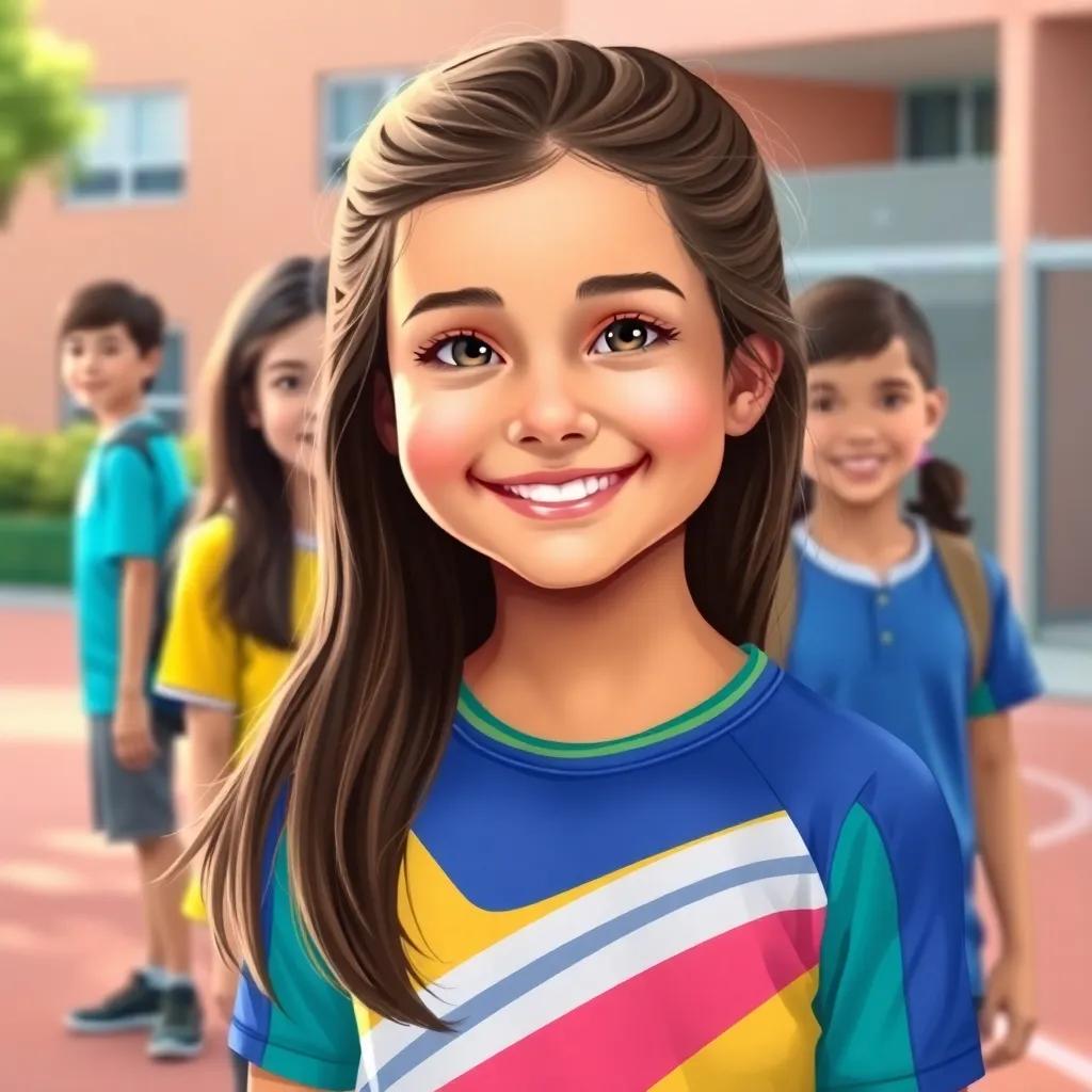 A young Brazilian girl, Laura, with long brown hair and a bright smile, standing confidently in front of her friends, wearing a colorful athletic outfit in a schoolyard, joyful atmosphere, bright and cheerful colors, digital art, high quality