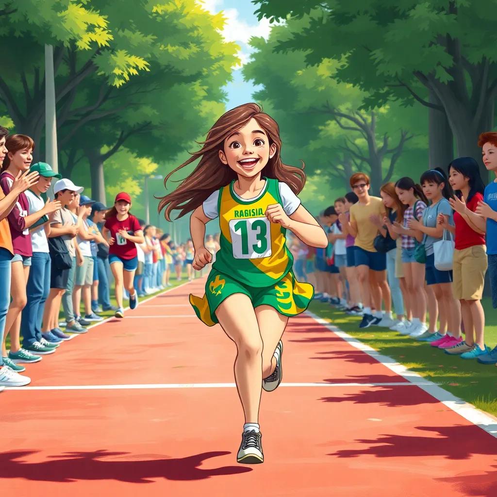 Laura, a young Brazilian girl with long brown hair and a bright smile, running excitedly during a school race, wearing a colorful athletic outfit, surrounded by cheering friends on the sidelines, vibrant and dynamic scene, illustration, energetic and uplifting