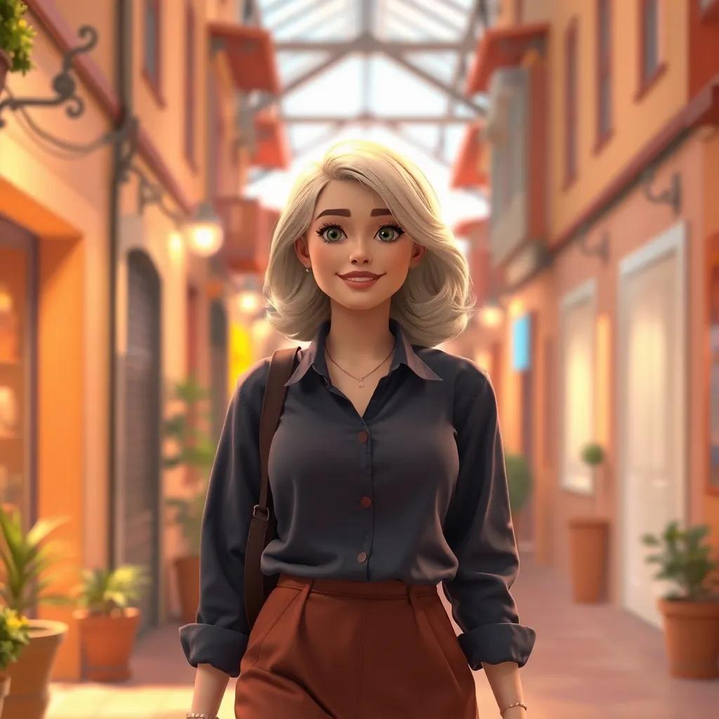 Ana Clara, uma mulher de 30 anos com cabelos lisos de tom borgonha, vestindo uma saia modesta e camisa, andando em uma pequena cidade do interior, digital art, warm colors, cheerful atmosphere, high quality