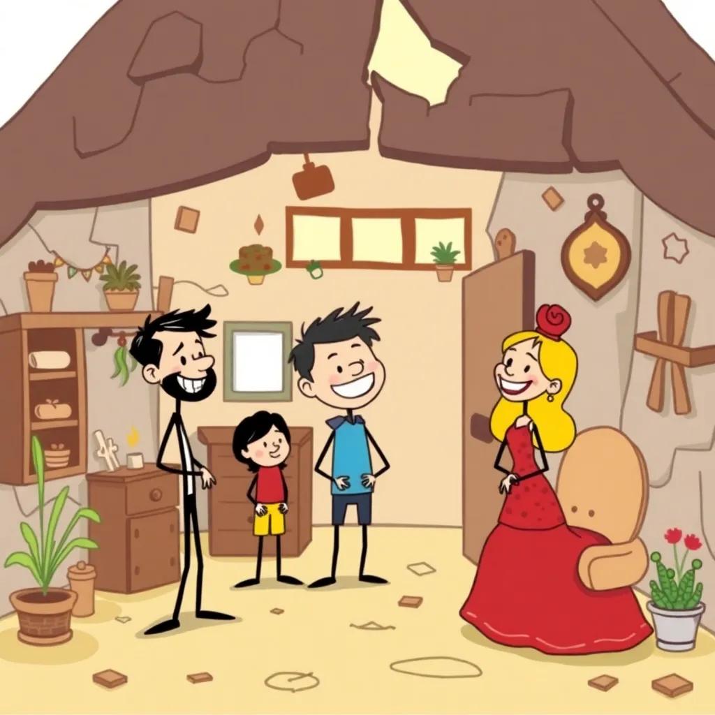 A stick figure family, the Stix family, in their falling-apart house with cracks and funny decorations, smiling and laughing at each other, digital art, whimsical style, bright colors, cheerful atmosphere, high quality