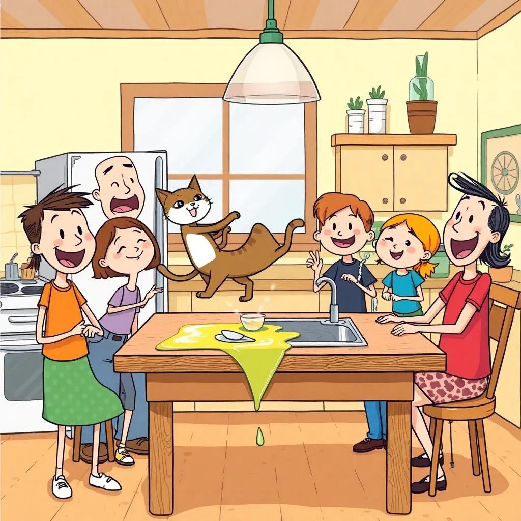 The Stix family's kitchen, with a stick figure cat jumping on the table and the sink leaking, all the family members laughing while trying to catch the cat, humorous scene, cartoonish style, vibrant colors, lively energy, high quality