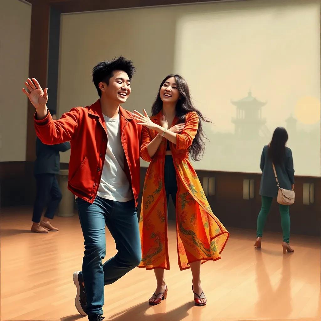Namjoon, a South Korean man in his mid-20s, with styled dark hair and a casual outfit, laughing with Hwasa, a South Korean woman with long hair in a vibrant outfit, while practicing dance moves on stage, dynamic and fun, cheerful mood, high quality.