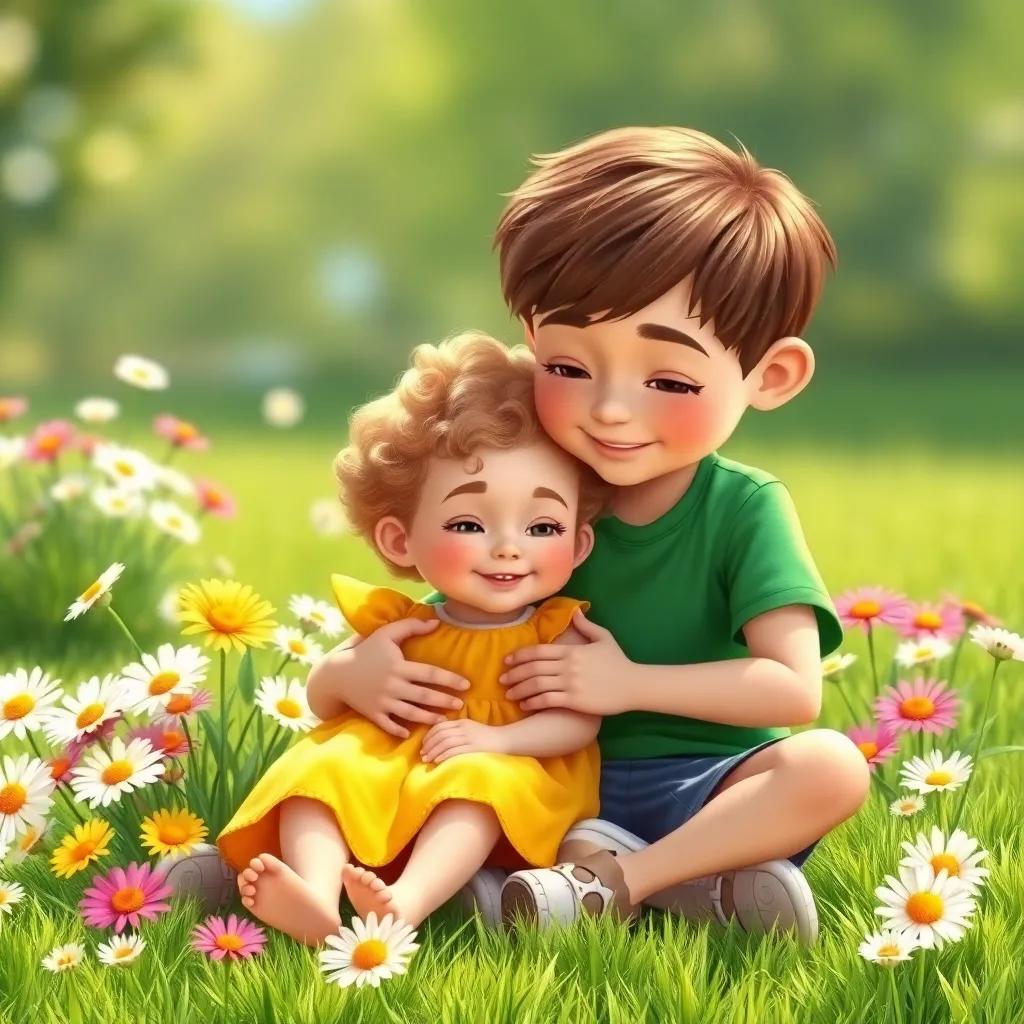 A young boy, Aaron, around 11 years old, with short brown hair, wearing a green shirt and shorts, comforting his younger sister Adylen, 1 year old, with curly blonde hair, wearing a yellow dress, sitting on the grass next to colorful daisies, bright sunny day, cheerful atmosphere, digital art, vivid colors, high quality