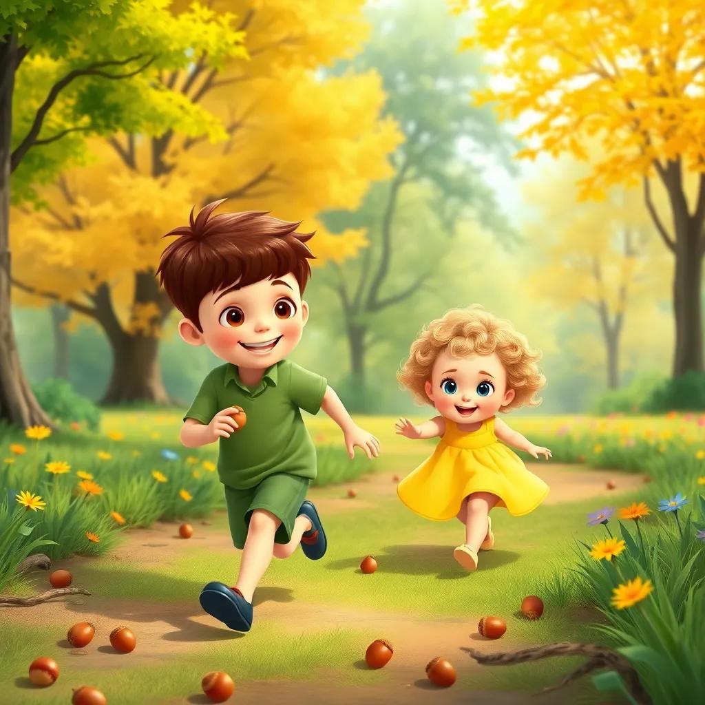 A young boy, Aaron, around 11 years old, with short brown hair, wearing a green shirt and shorts, exploring a park with his baby sister Adylen, 1 year old, with curly blonde hair in a yellow dress, running joyfully as they collect acorns, vibrant trees and flowers in the background, lively and colorful, illustration, child-friendly