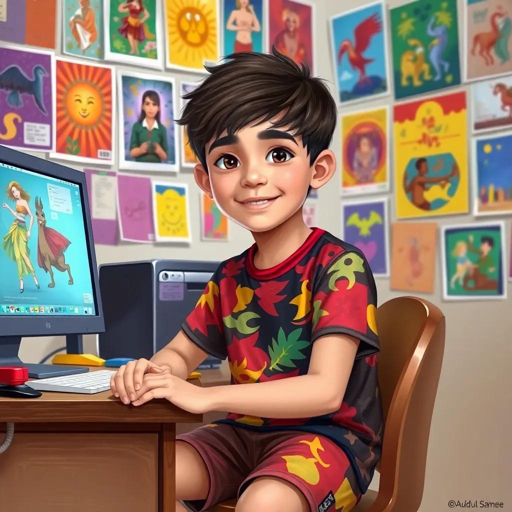 A young boy, Abdul Samee, with short brown hair wearing a colorful t-shirt and shorts, sitting at a desk with a computer, colorful posters on the wall, vibrant atmosphere, cheerful, digital art, high quality