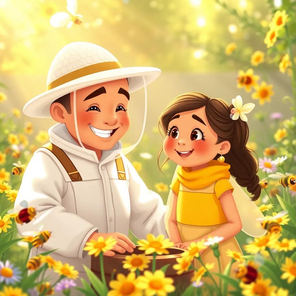 A cheerful bee keeper, Mr. Bumble, with a white hat and protective suit, interacting with a young girl, Abigail, in a garden, surrounded by bees and flowers, warm sunlight shining, friendly vibe, detailed illustration, uplifting