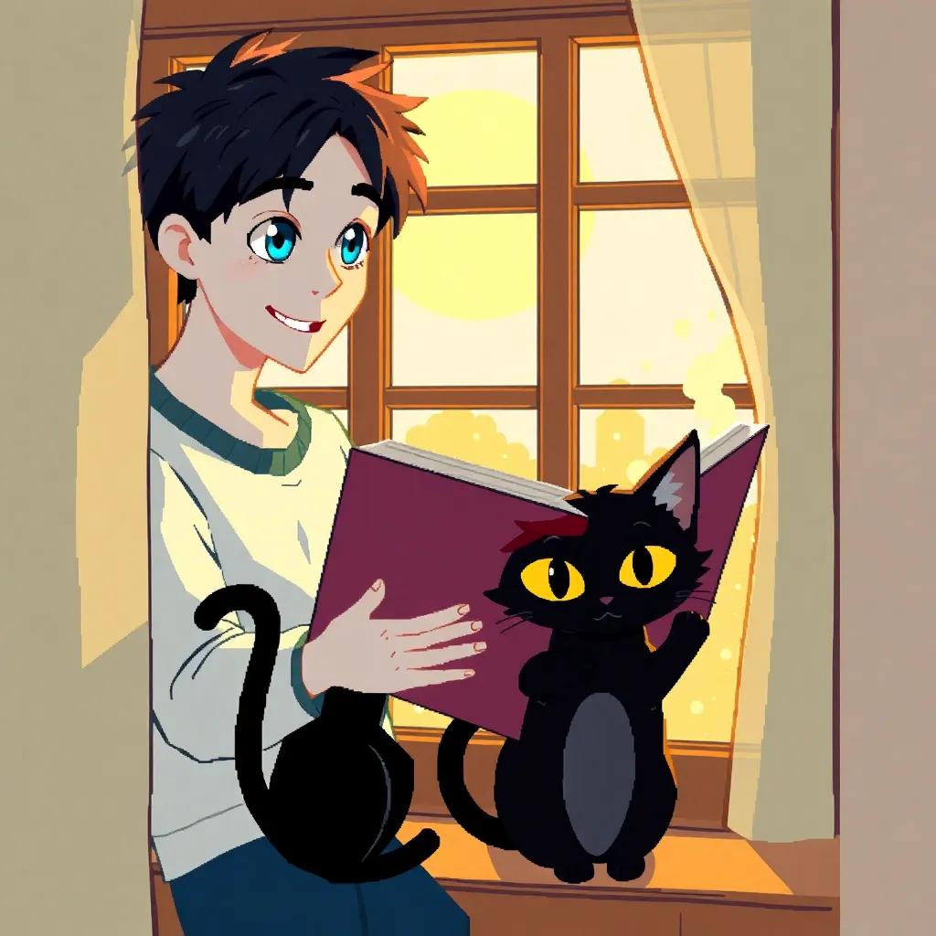 Ace, the pale boy with black hair and bright blue eyes, animatedly reading aloud by the window, the black cat, Luna, with yellow eyes, listening intently, golden sunlight illuminating the room, storytelling vibe, whimsical, vibrant colors, high quality