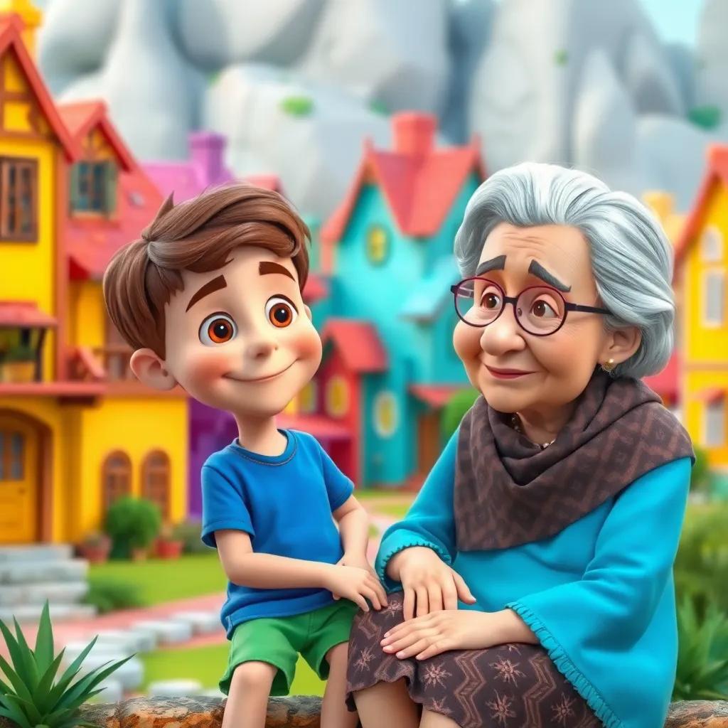 A colorful 3D village with vibrant houses, a curious boy named Adam, with short brown hair, wearing a bright blue shirt and green shorts, sitting beside an elderly woman, his grandmother, who wears a patterned shawl and has white hair, storytelling atmosphere, cheerful, digital art, bright and lively colors, inviting scene