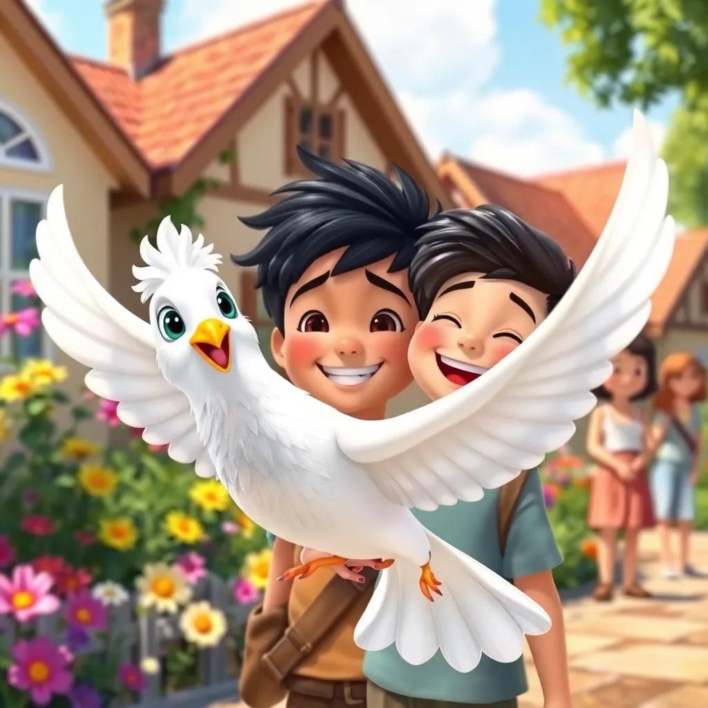 A talking white dove named Salma with fluffy white feathers, flying beside Adam, who is smiling with joy, colorful flowers and friendly neighbors in the background, sunny day, adventure, illustration, uplifting and child-friendly, bright colors