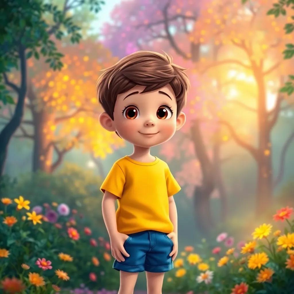 A young boy, Adam, with short brown hair, wearing a bright yellow t-shirt and blue shorts, standing at the edge of the magical forest, colorful trees glowing in warm hues and fragrant flowers all around, illustration, magical atmosphere, child-friendly, luminous