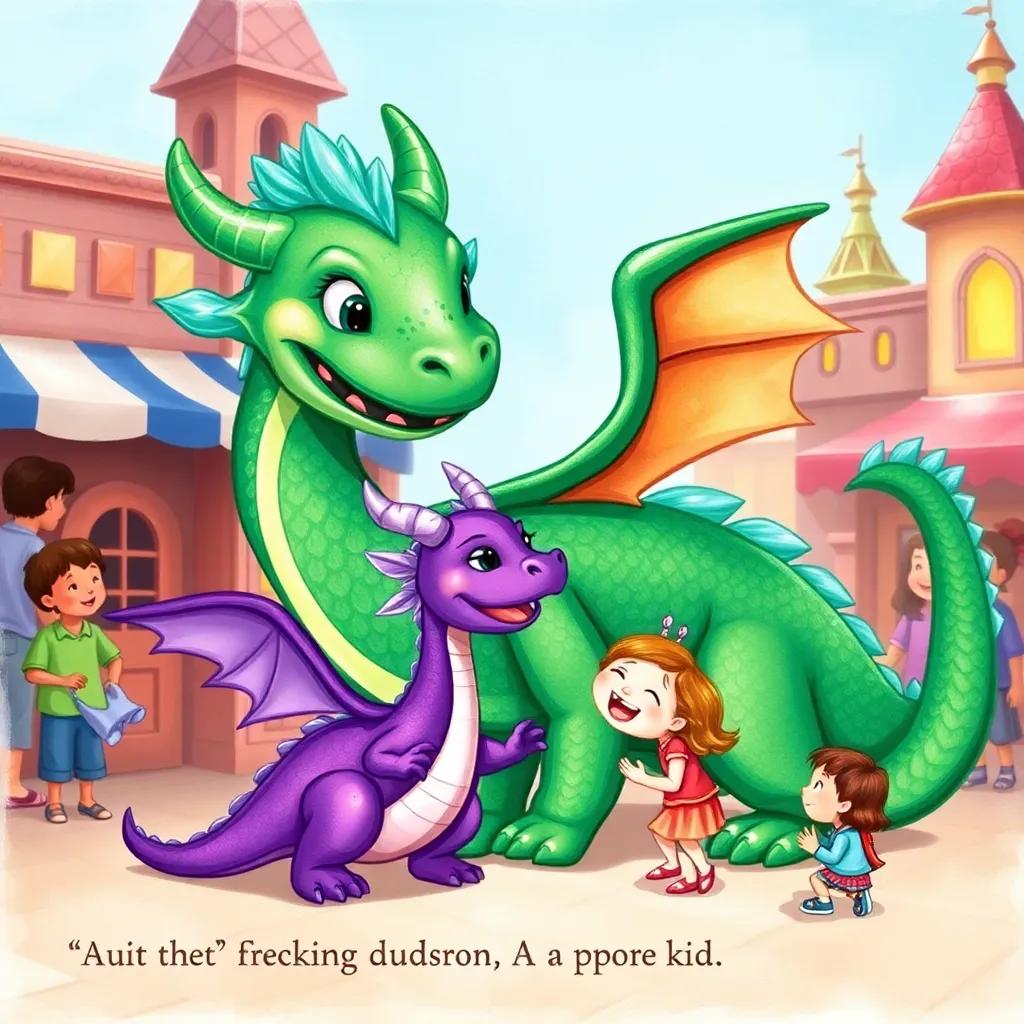 Adean the dragon, with shimmering emerald scales, and Figment, the small purple dragon, playing in front of kids at Disney, joyful expressions, colorful surroundings, charming illustration, cheerful, narrative focus, inviting imagery