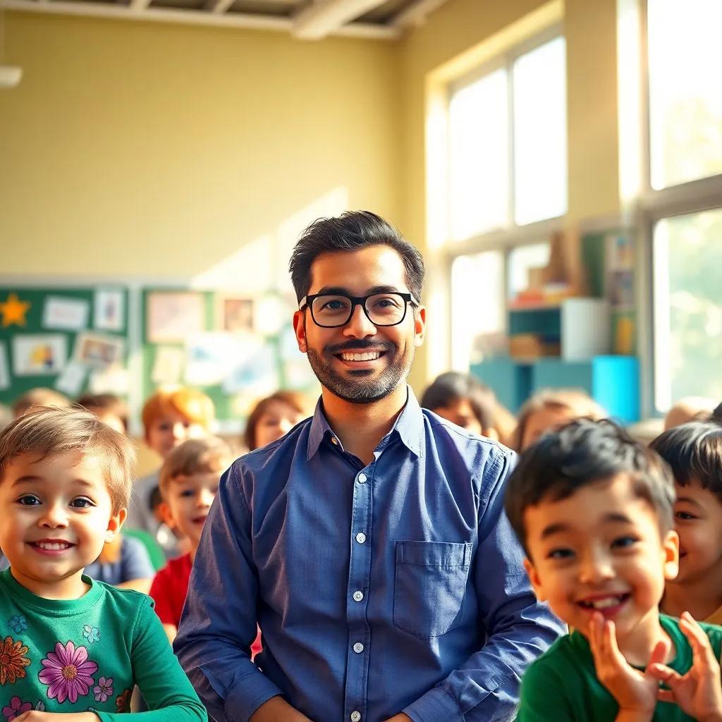 A cheerful classroom filled with kids, with a teacher named Adel, a Middle-Eastern man in his 30s wearing a blue shirt and glasses, surrounded by happy children, warm sunlight streaming through the windows, vibrant colors, welcoming atmosphere, digital art, high quality
