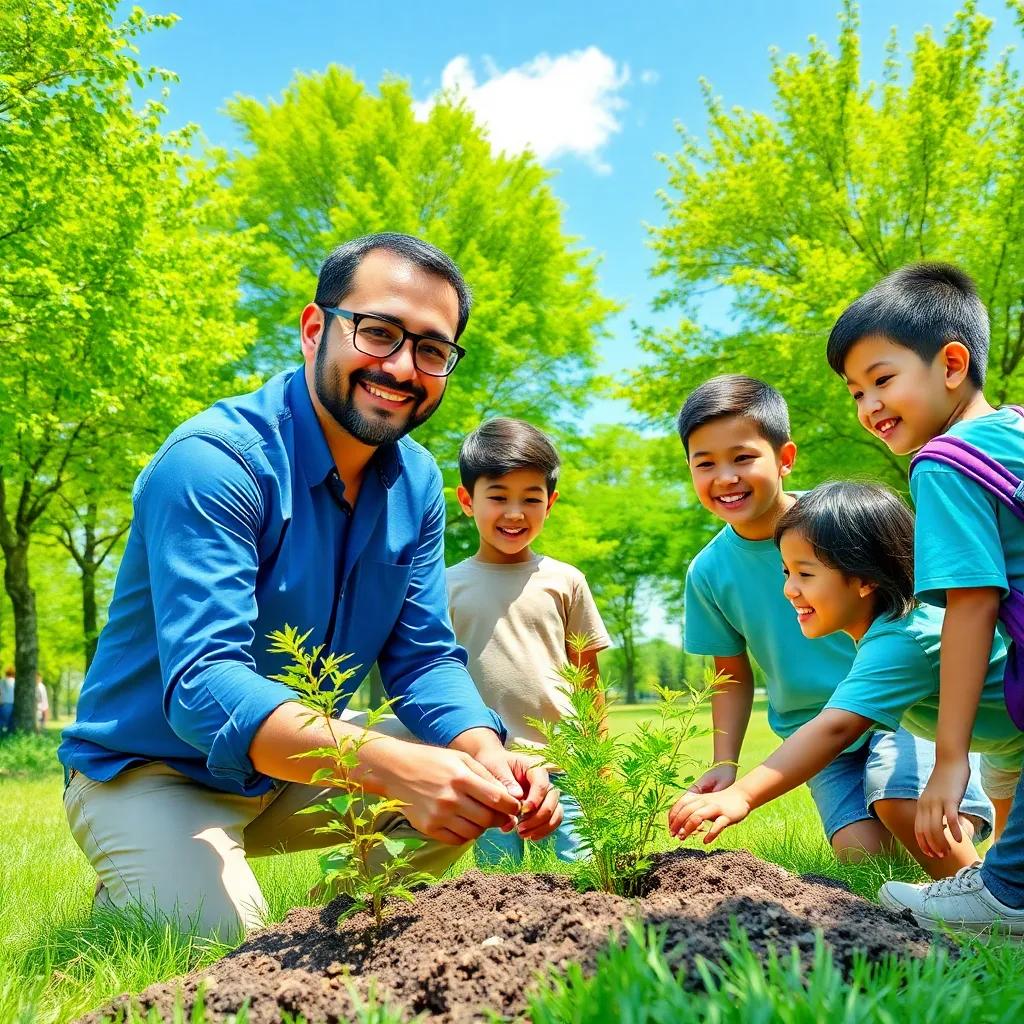 Adel, a Middle-Eastern man in his 30s wearing a blue shirt and glasses, taking his students on an outdoor adventure in a park, planting trees together with smiles on their faces, bright green trees and blue sky, illustration, cheerful, engaging scene, high quality