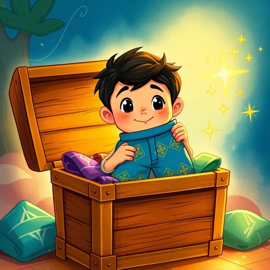 Adnan, a curious Moroccan boy, with dark hair and bright eyes, holding a beautifully folded pair of magical Moroccan pants in a decorated wooden chest, filled with colorful fabrics around him, magic sparkles in the air, warm light, inviting scene, high quality