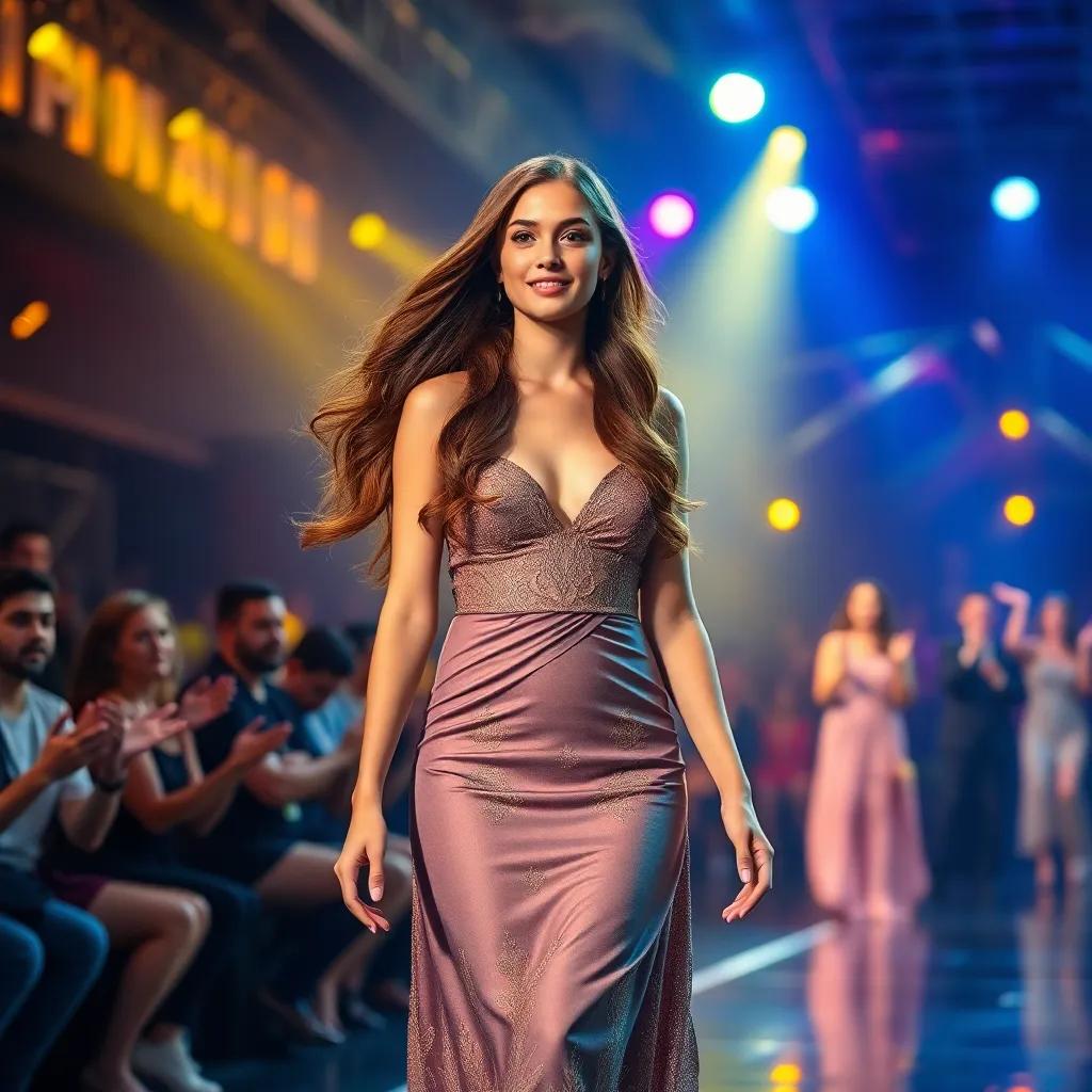 A young model, Adriana, with long, flowing brown hair, wearing a stunning dress, walking confidently on a bright stage, audience clapping, vibrant lights, digital art, cheerful atmosphere, high quality