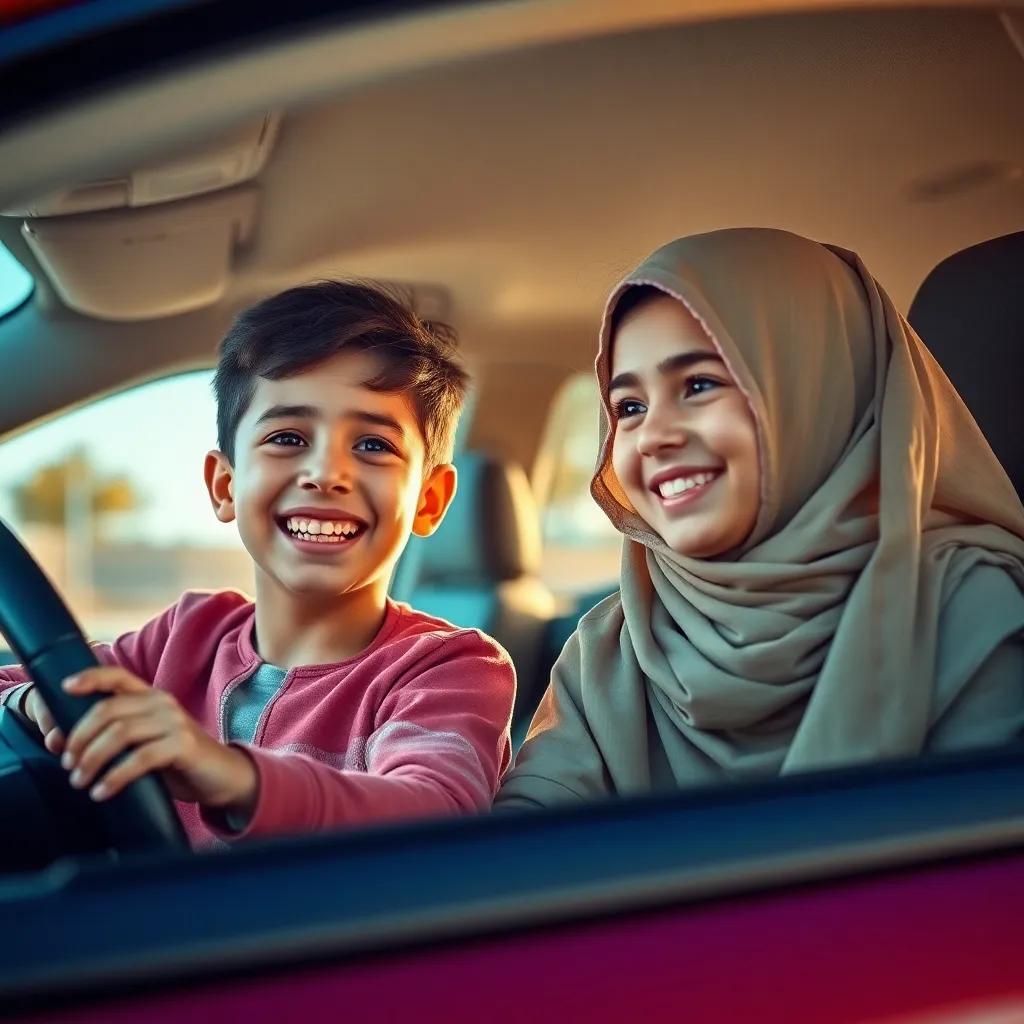 A joyful scene of Hamad, a young Arab boy, and Sara, a young Arab girl, with bright smiles asking their father, Mr. Ali, in a sunny car, cheerful atmosphere, vibrant colors, family bonding, digital art, high quality