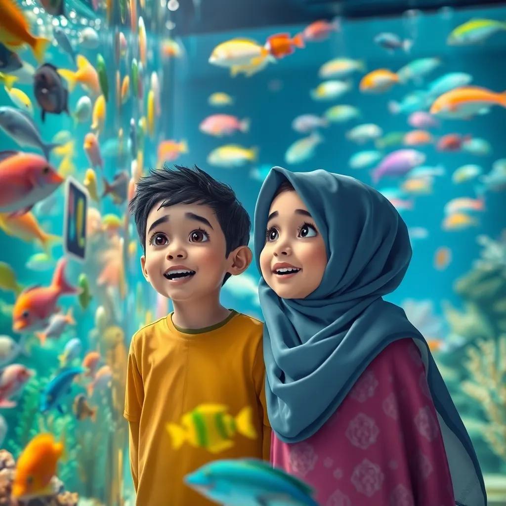 Hamad, a young Arab boy, and Sara, a young Arab girl, amazed at a colorful aquarium filled with diverse fish, bright lights illuminating the scene, cheerful mood, illustration, child-friendly, dynamic colors