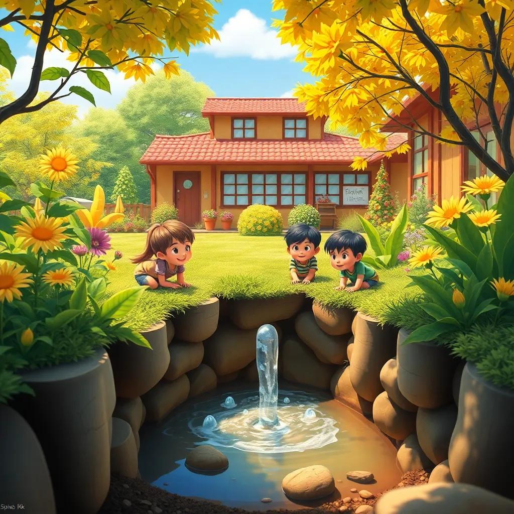 A sunny school garden with a hidden underground spring bubbling, children peering in excitement, vibrant colors, cheerful atmosphere, digital art, high quality