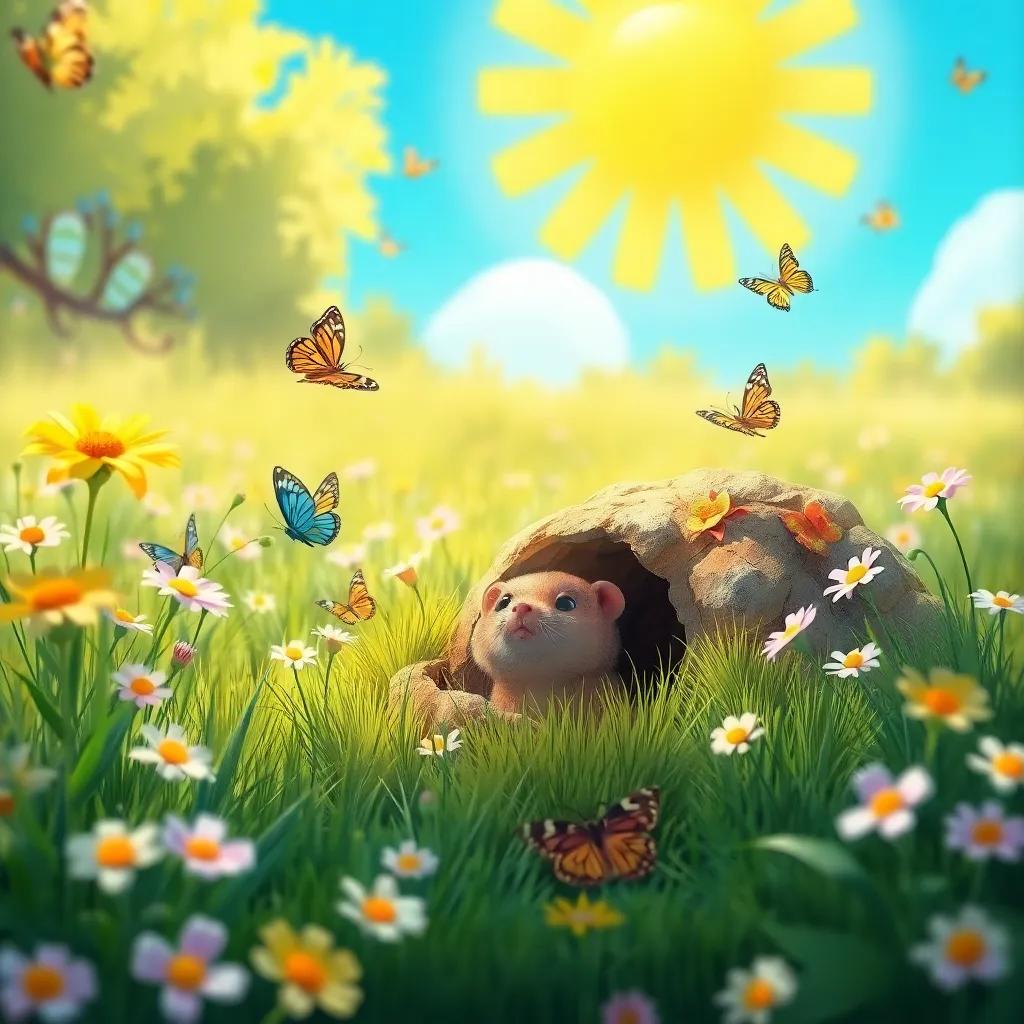 A charming scene of a sunny meadow with a little mole peeking out from a cozy burrow, butterflies fluttering around, flowers in full bloom, digital art, bright colors, cheerful atmosphere, high quality