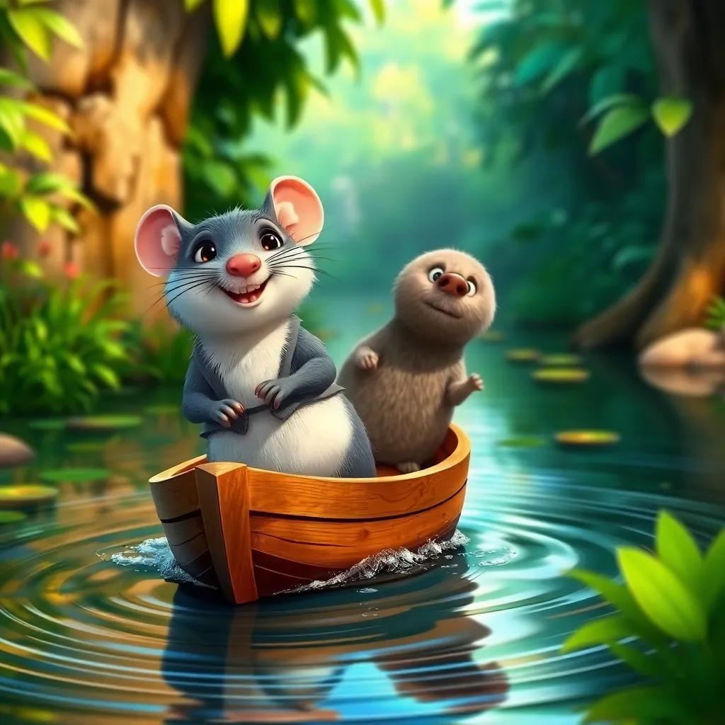 A friendly water rat, Ratty, with a tiny waistcoat, paddling a wooden boat with Mole, surrounded by lush greenery and water ripples, digital illustration, vibrant colors, lively scene, high quality