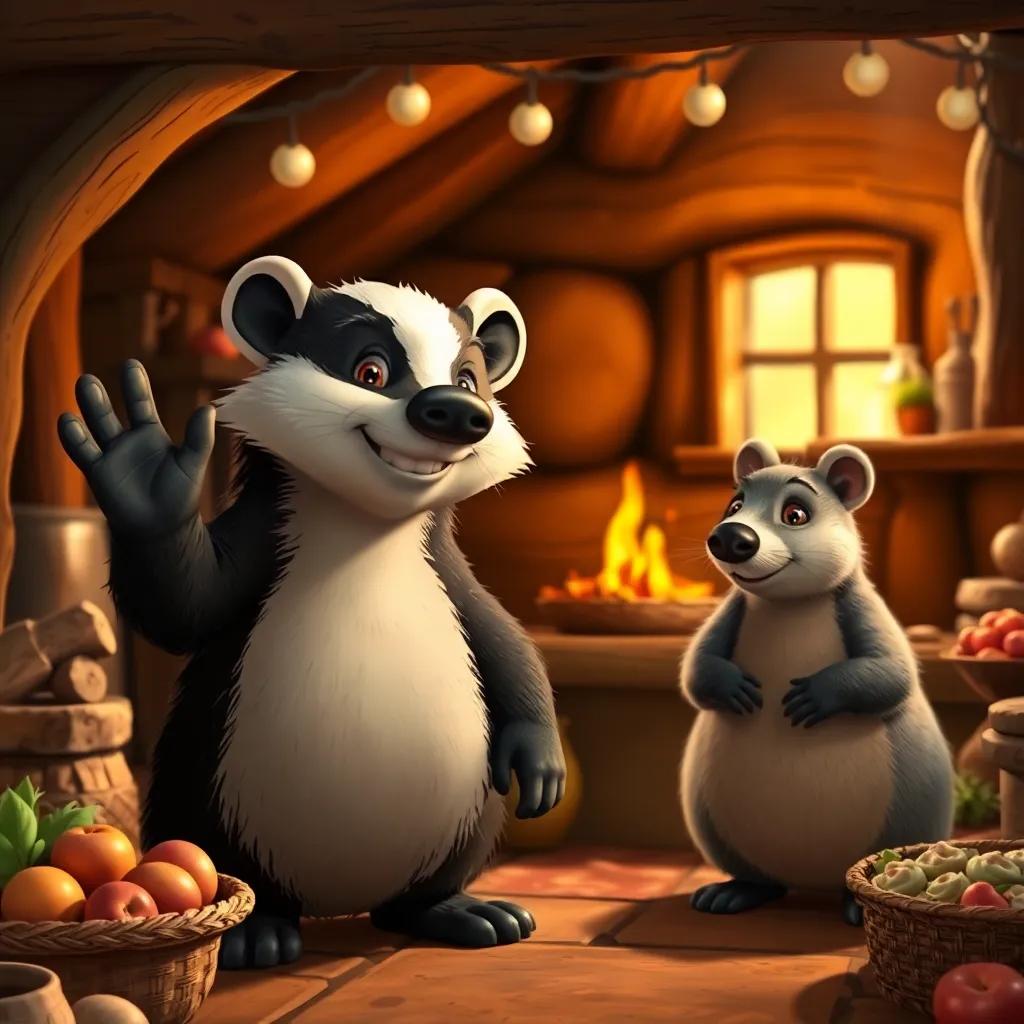 A wise badger with a gentle face waving to Mole and Ratty, in a cozy, rustic home filled with food and warmth, digital art, inviting colors, homely atmosphere, high quality