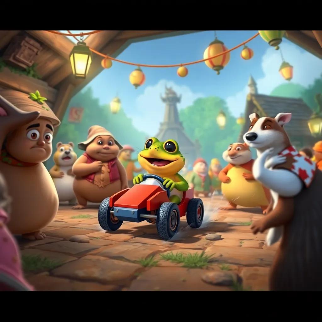 A bustling Toad Hall, with Toad excitedly racing his small car around, Mole, Ratty, and Badger watching with worry, colorful, dynamic scene, high quality