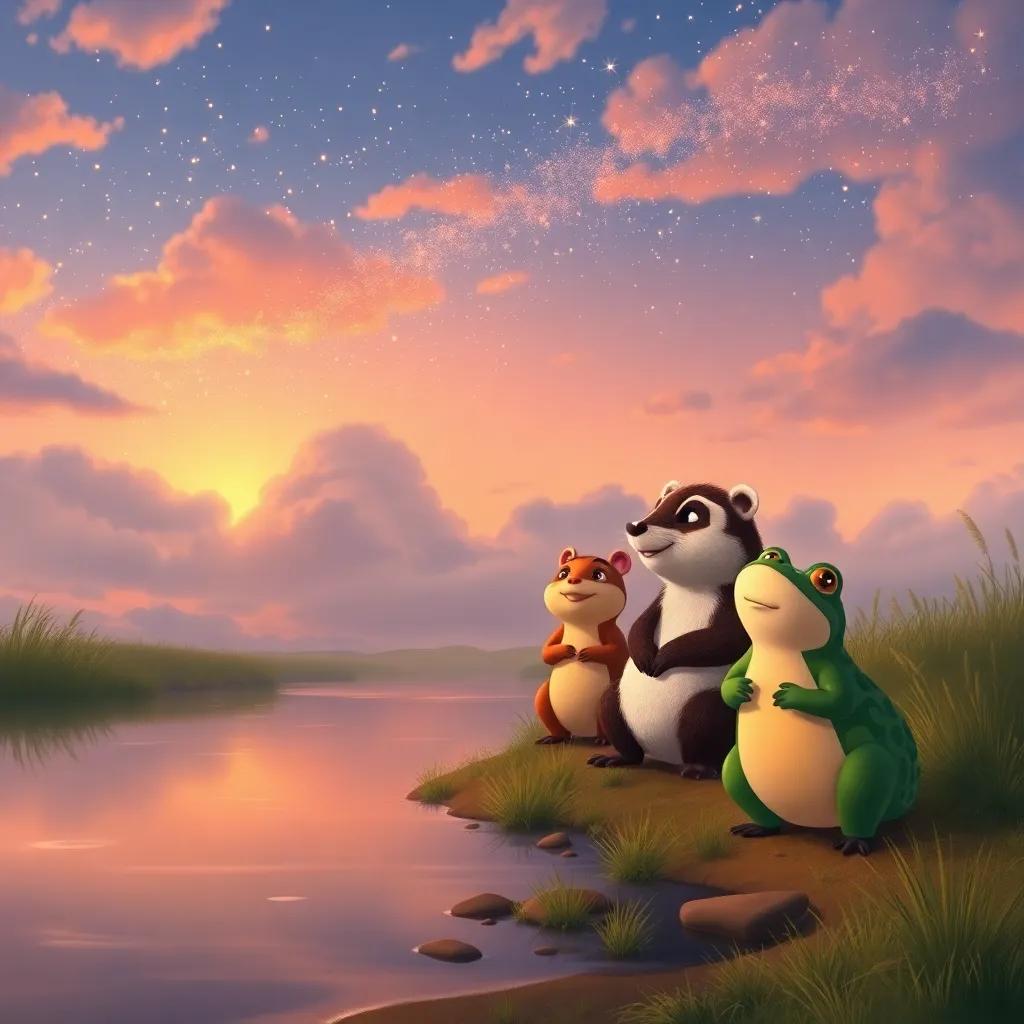 A serene view of the riverbank at sunset, showing Mole, Ratty, Badger, and Toad enjoying their time together, a magical sky filled with stars and happiness, digital art, warm colors, peaceful ambiance, high quality