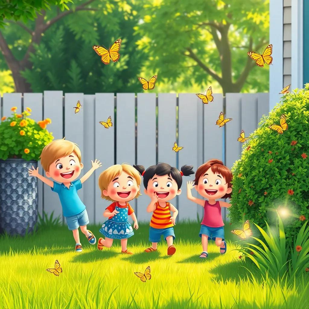 A group of happy children playing in a sunny backyard, with butterflies fluttering around them, bright green grass, and a shiny object peeking from behind a bush, cheerful atmosphere, illustration