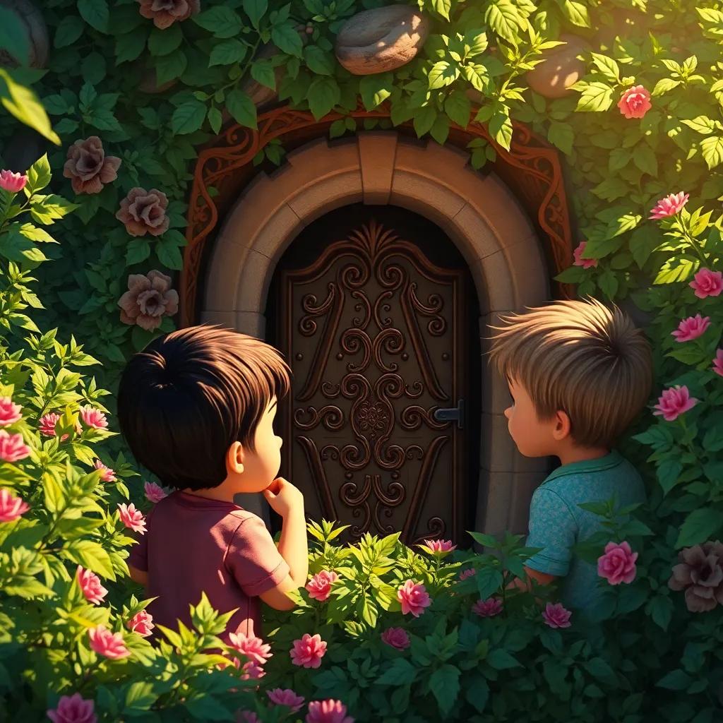 Children looking at a tiny, ornate door hidden behind a bush, excitement on their faces, the door glowing slightly in the sunlight, magical vibe, detailed, colorful