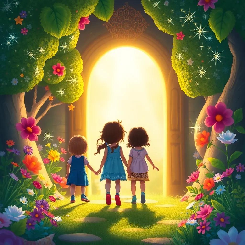 Children stepping through a glowing doorway into Fairyland, colorful flowers and sparkling trees around them, sunlight filtering through, whimsical, imaginative