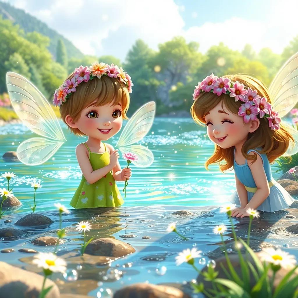 Children making flower crowns with fairies by a sparkling river, water shimmering like diamonds, beautiful scenery, joyful ambiance, detailed and vivid