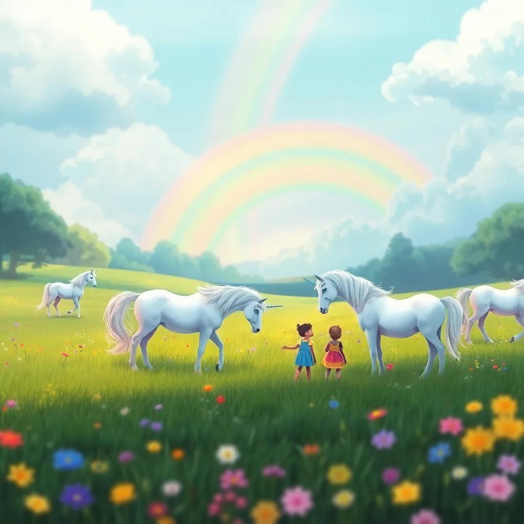 A meadow with graceful unicorns grazing and nuzzling children, with rainbows in the sky, a magical and serene atmosphere, colorful illustration