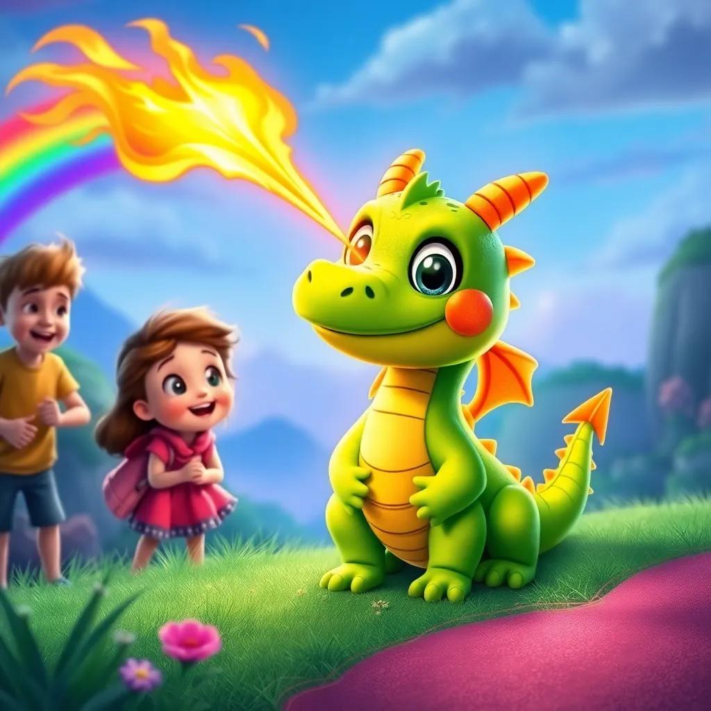 A small, bright green dragon with playful eyes breathing fire that turns into rainbows, children laughing and enjoying the scene in a vibrant, magical landscape