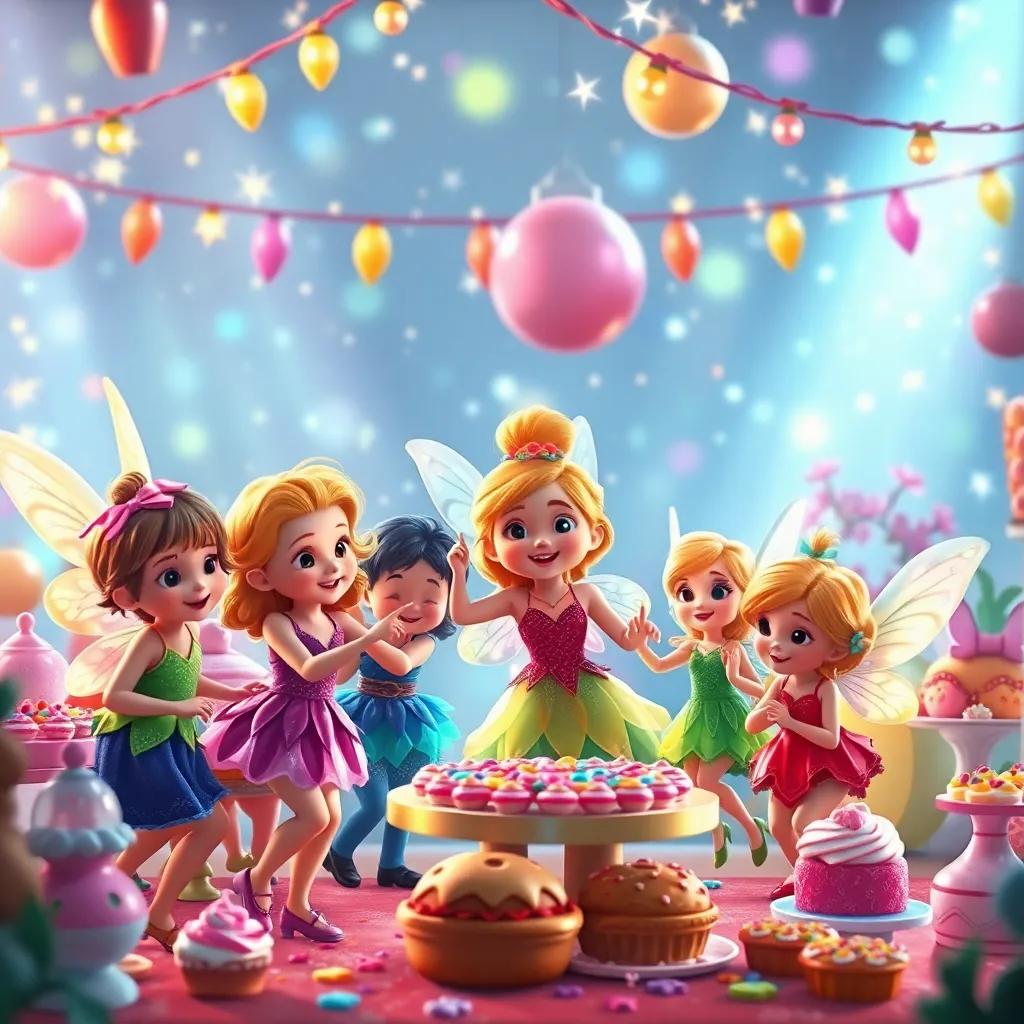 Children and fairies dancing together at a farewell party, surrounded by colorful treats, an enchanting atmosphere with twinkling lights, colorful and festive