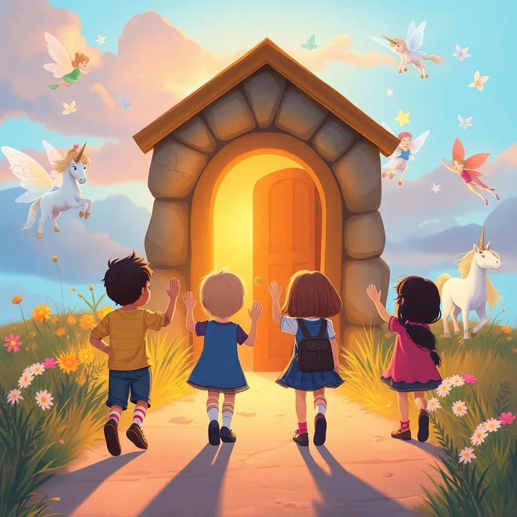 Children walking back to a tiny door, waving goodbye to fairies and unicorns, feeling happy and magical, warm sunset light, nostalgic and heartwarming illustration