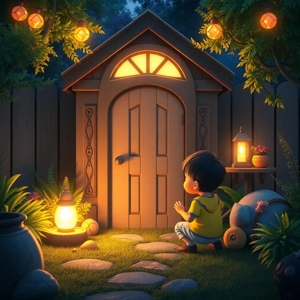 The tiny door they came through in their backyard, glowing softly as they return home from their adventure, surrounded by familiar sights, peaceful and enchanting atmosphere