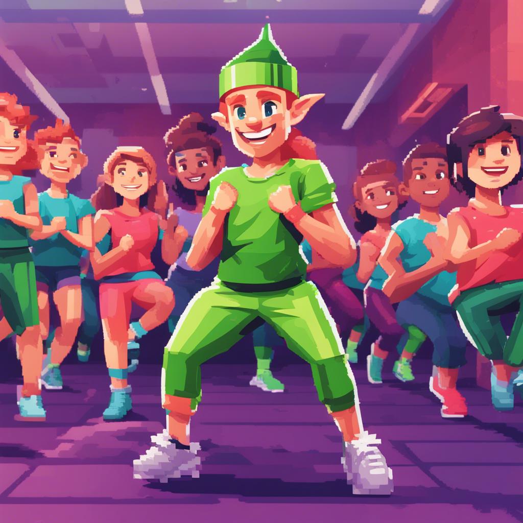 A cheerful little elf named Ardie, with bright green clothes and shiny shoes, leading a fitness class at F45 Training, filled with smiling friends doing exercises, vibrant colors, cheerful atmosphere, high quality