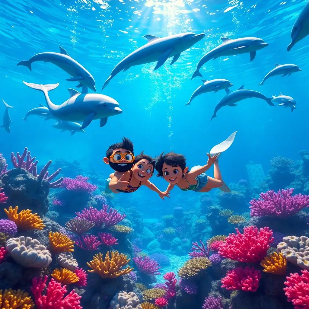 Mia and Leo diving underwater, discovering a magical world of vibrant corals, playful dolphins swimming around, bright colors, vibrant light filtering through water, underwater adventure, immersive view, high quality