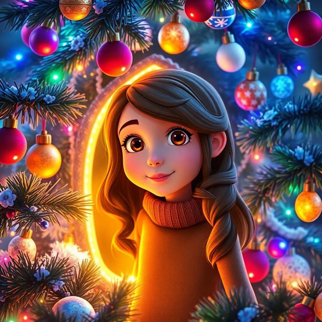 Aela, a clever girl with brown hair and brown eyes, spotting a hidden doorway in a glowing Christmas tree filled with colorful lights and ornaments, enchanted atmosphere, festive hues, warm light, child-friendly, high quality.