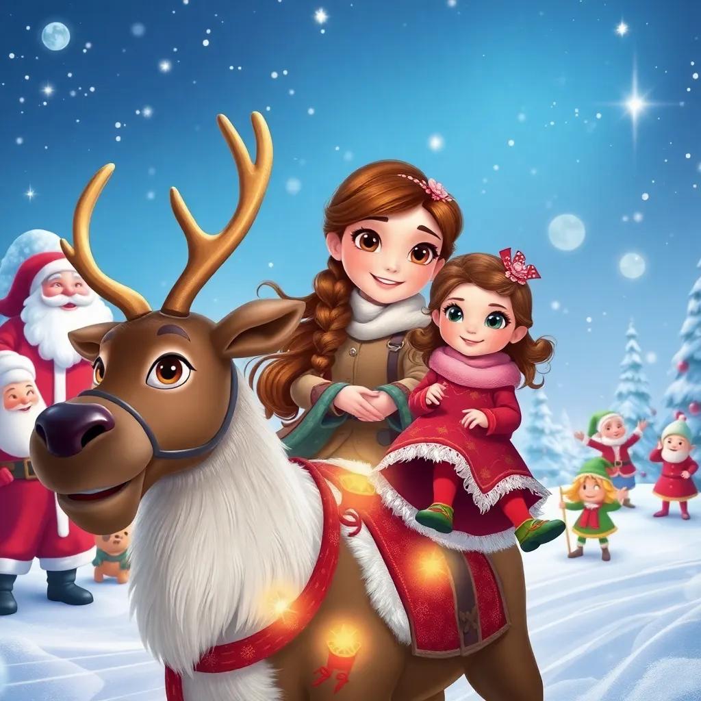 Aela, a girl with brown hair and brown eyes, riding a majestic reindeer beside Elodie, a little girl with brown hair and blue eyes, in snowy Lapland surrounded by Santa, happy elves, and twinkling stars, whimsical scene, Christmas magic, vibrant colors, child-friendly, high quality.